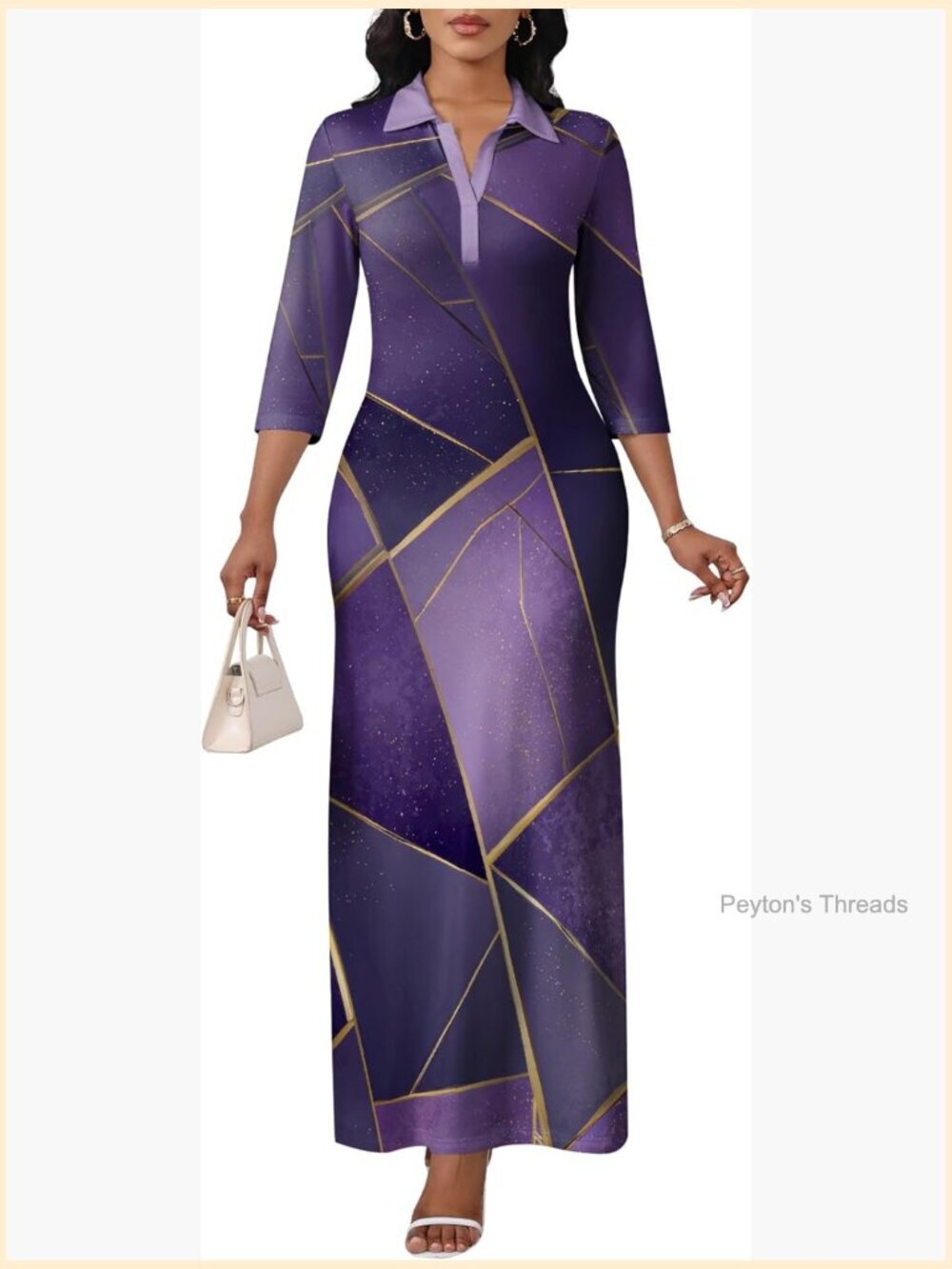 Plus Size Casual 3/4 Sleeve Button Down V-Neck Maxi Dress with Pockets